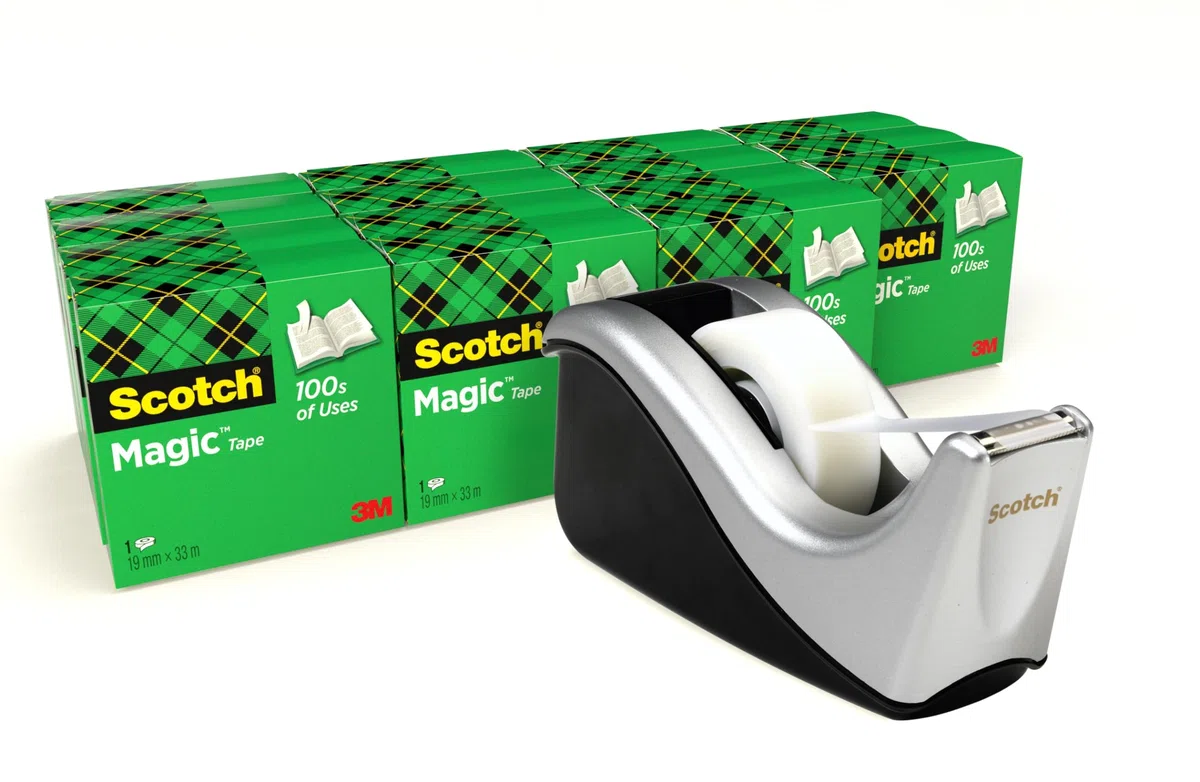 Scotch Nastro adesivo Magic - 16 Rotoli 19 mm x 33 m + Dispenser argento - Nastro Trasparente Opaco e Scrivibile Ottimo per Casa, Ufficio e Scuola
