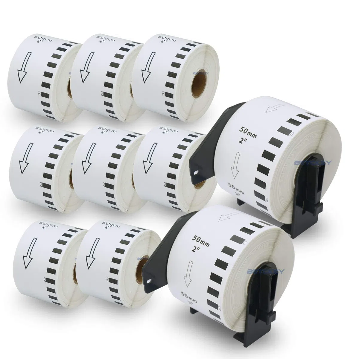BETCKEY - 10 Rotoli DK-22223 Etichette a Lunghezza Continua Compatibile con Brother, 50mm x 30.48m, 10 Etichette per Stampanti di Etichette Brother QL (2 Portaetichette Riutilizzabili)