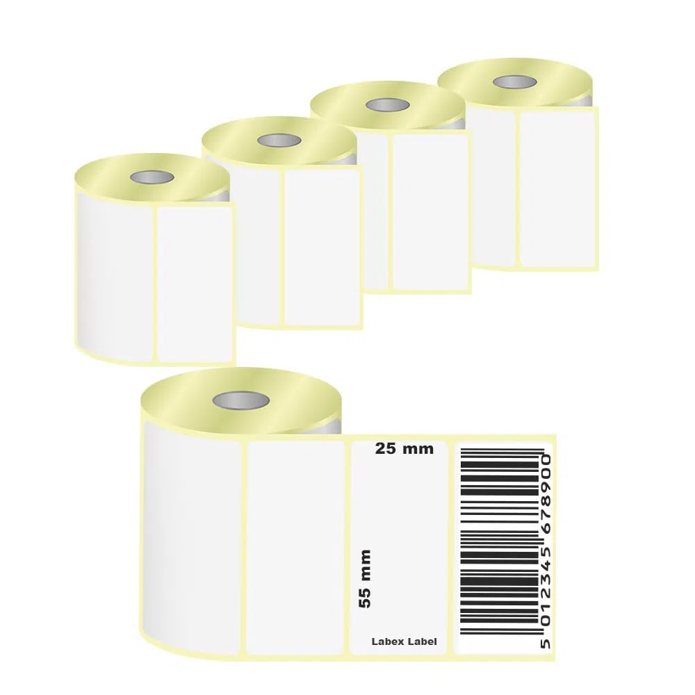 Etichette termiche 55x25mm su rotolo – Rotoli Etichette Prezzi Confezione Risparmio – 5 rotoli 5000 etichette – Senza nastro – TSC Godex compatibili – Labex Label