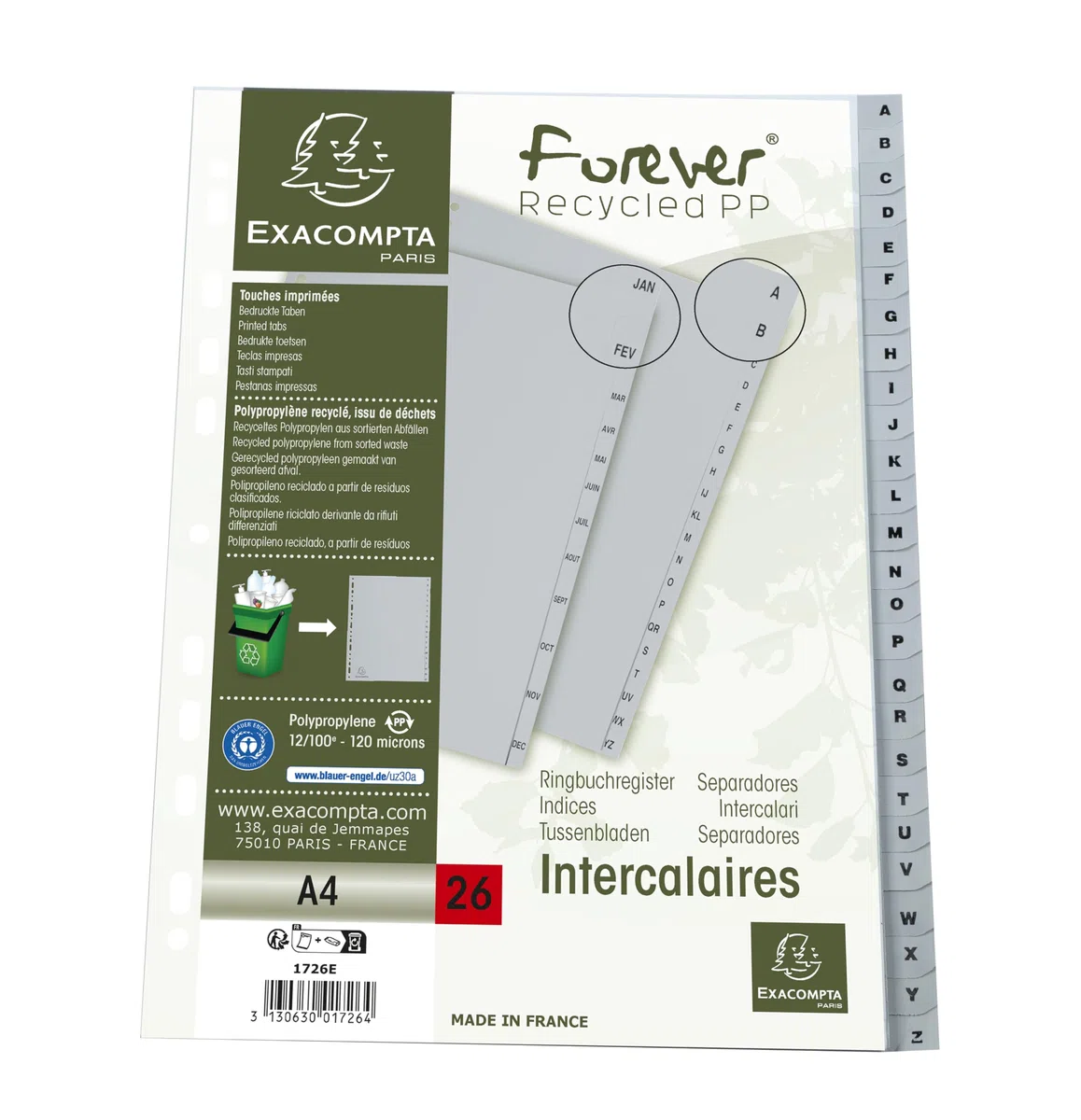 Exacompta - Rif. 1726E - Cartone da 20 divisori in polipropilene riciclato grigio con 26 linguette stampate alfabetiche dalla A alla Z, formato A4, dimensioni: 22,5 x 29,7 cm, certificato angelo blu